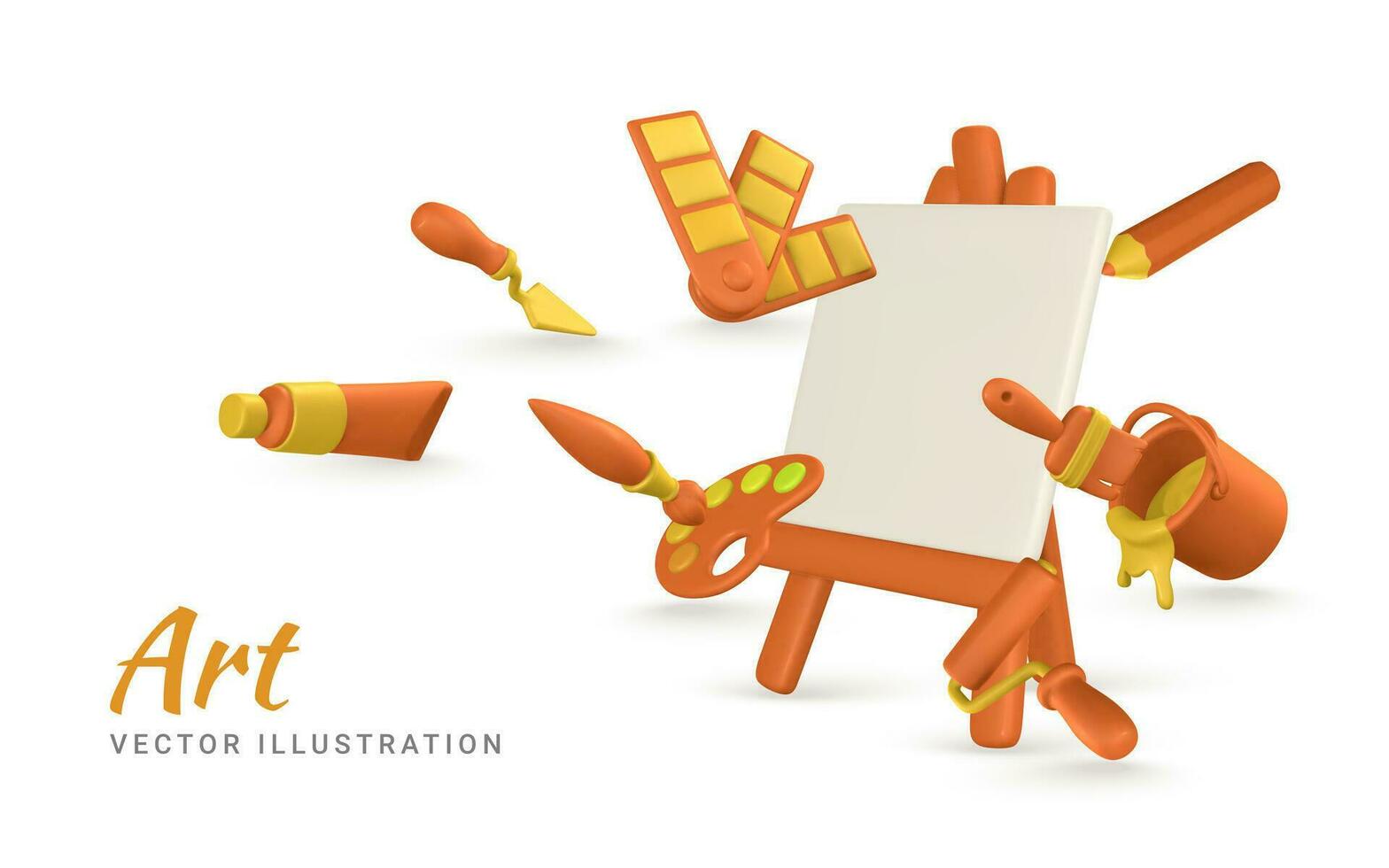 Art concept. 3d realistic tools for paint. Easel, paint tube, brush, roller brash, palette knife, color palette, pencil and tin of paint in cartoon style. Vector illustration