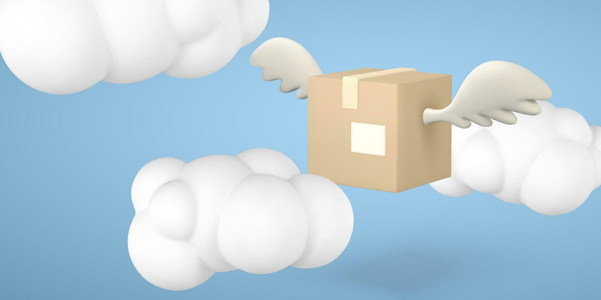 3d flying cardboard box with wings in the clouds. Carton delivery packaging. Delivery service concept. Vector illustration