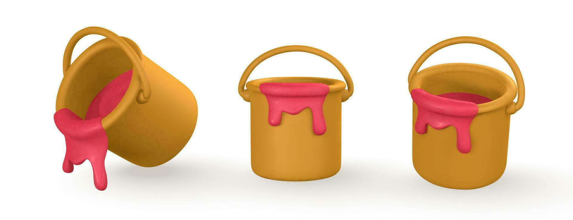 3d realistic yellow bucket of red paint in cartoon style. Vector illustration