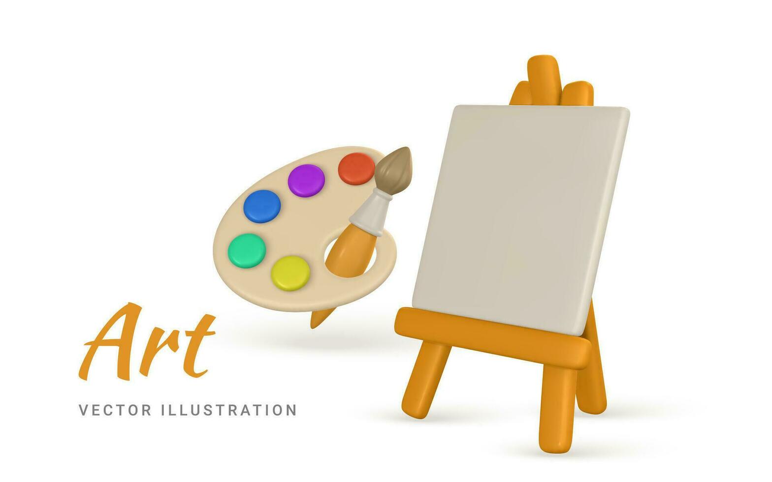 3d realistic easel and brush with paints in cartoon style. Art concept. Vector illustration
