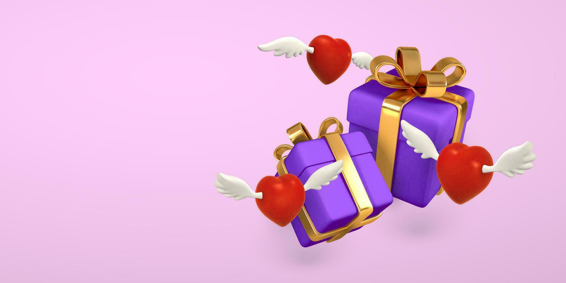 3d flying hearts with wings and gift box on a light red background. Valentine's Day design. Vector illustration