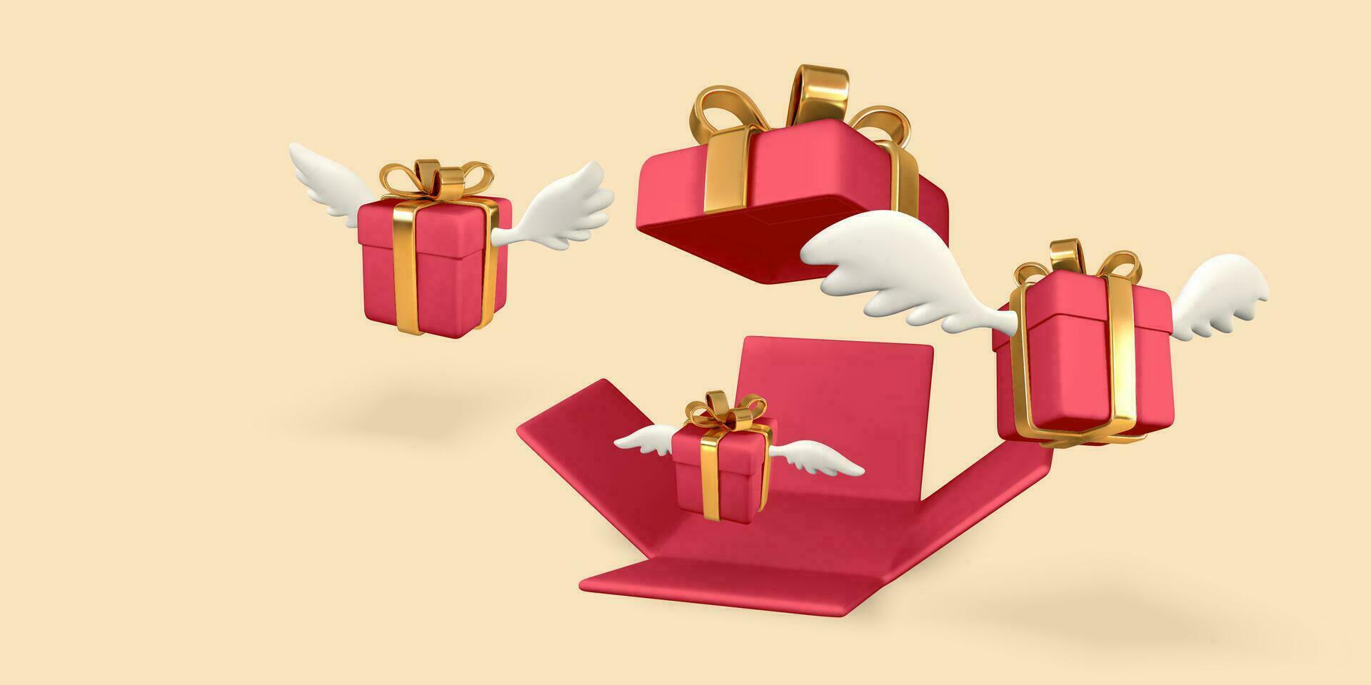 3d flying gift boxes with wings from open red gift box on a light background. Valentine's Day design. Vector illustration