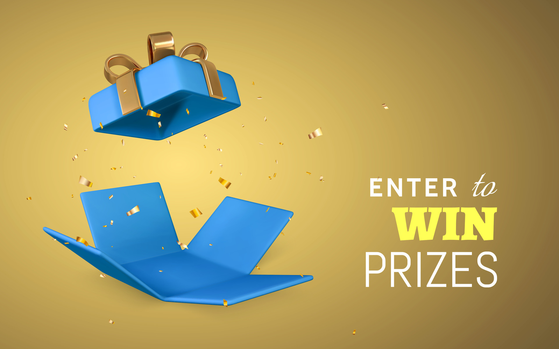 Open blue Gift Box and Confetti on yellow background. Enter to Win