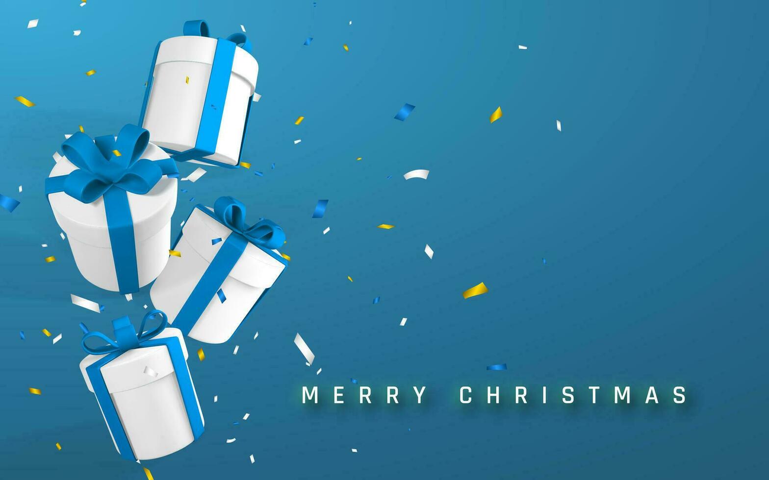Festive Christmas or New Year Background with 3D realistic paper white gift boxes with blue ribbon and bow. Paper boxes falling with confetti. Vector illustration