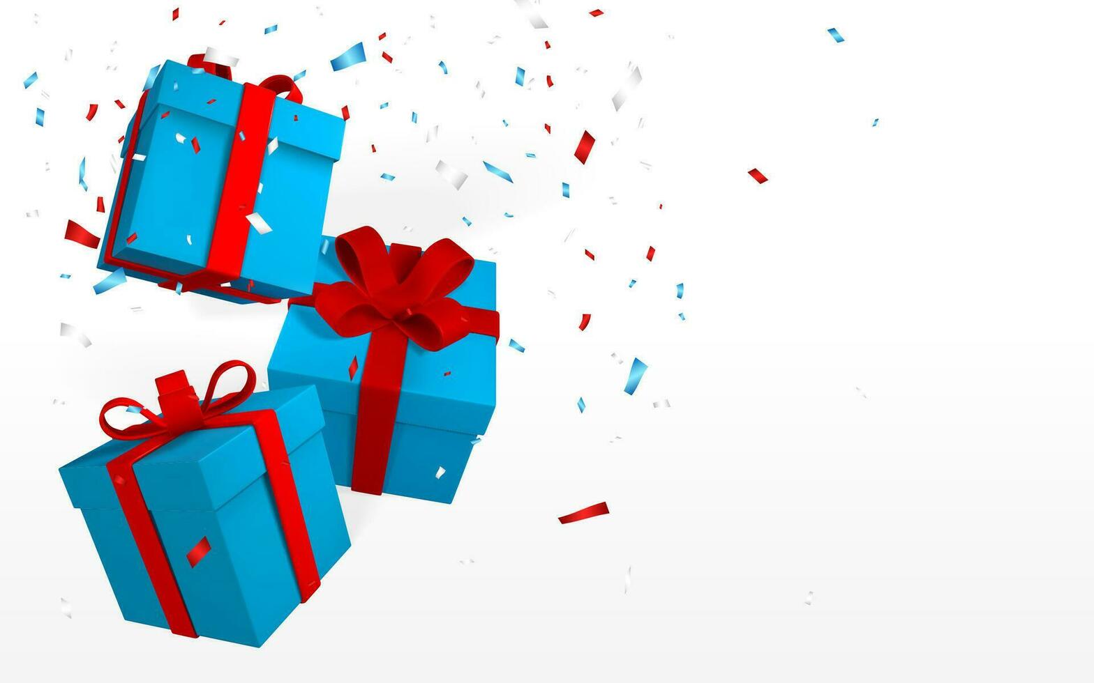 3D realistic paper blue gift boxes with red ribbon and bow. Paper boxes falling with confetti on white background. Vector illustration