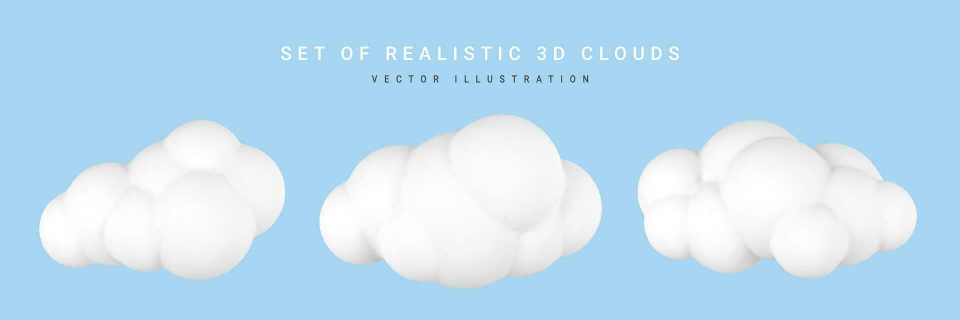 3d plastic clouds. Set of round cartoon fluffy clouds isolated on a blue background. Vector illustration