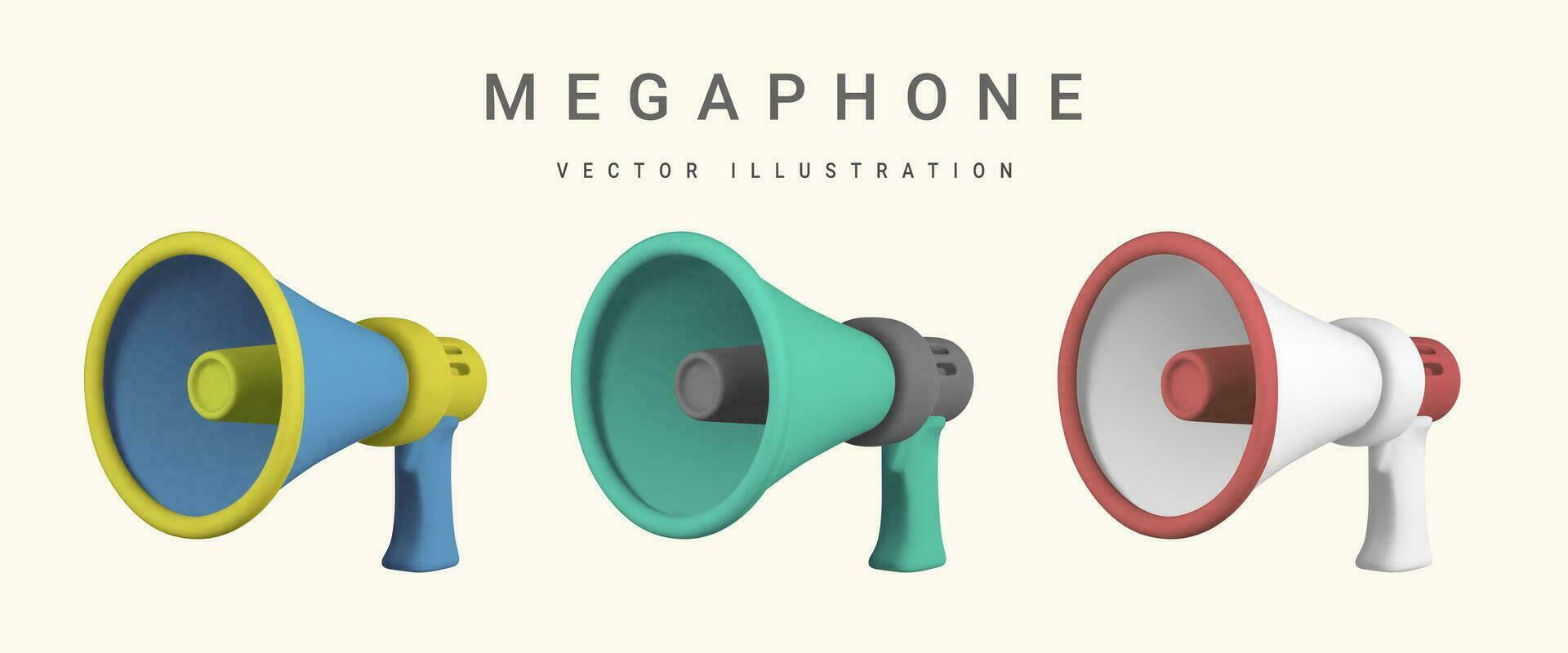 Realistic 3d megaphone. Plastic megaphone with shadow. Vector illustration