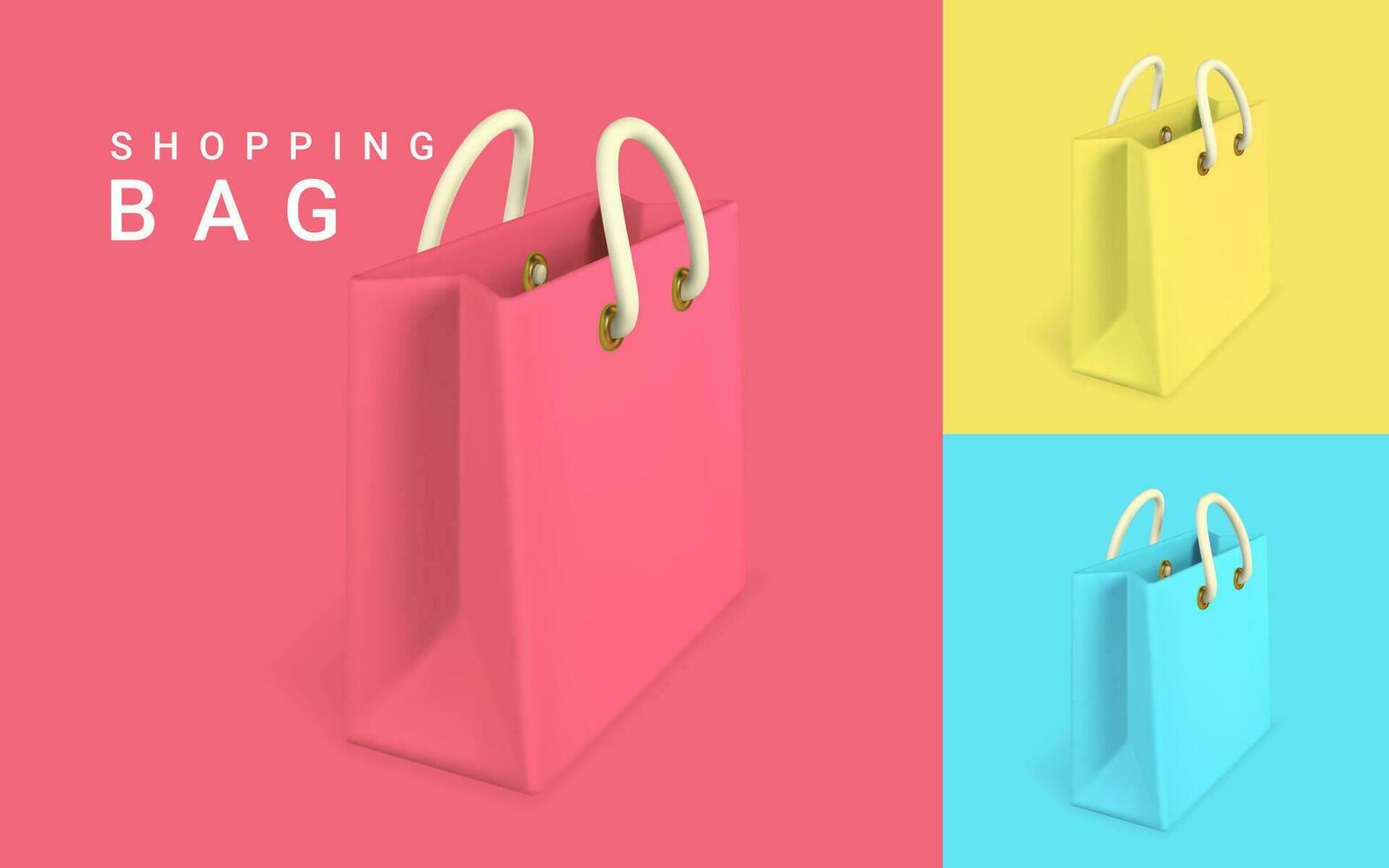 3d empty red, yellow and blue shopping bags. Shopping concept. Vector illustration