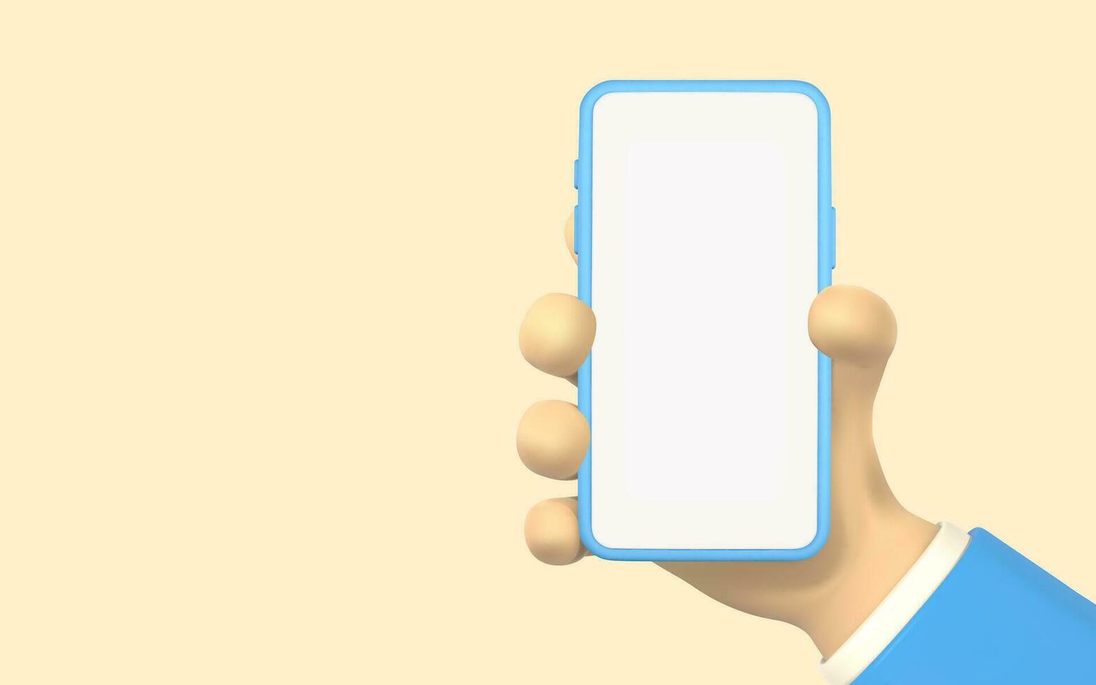 Cartoon character hand with smart phone, scrolling or searching for something. 3d render hand businessman in suit. Vector illustration