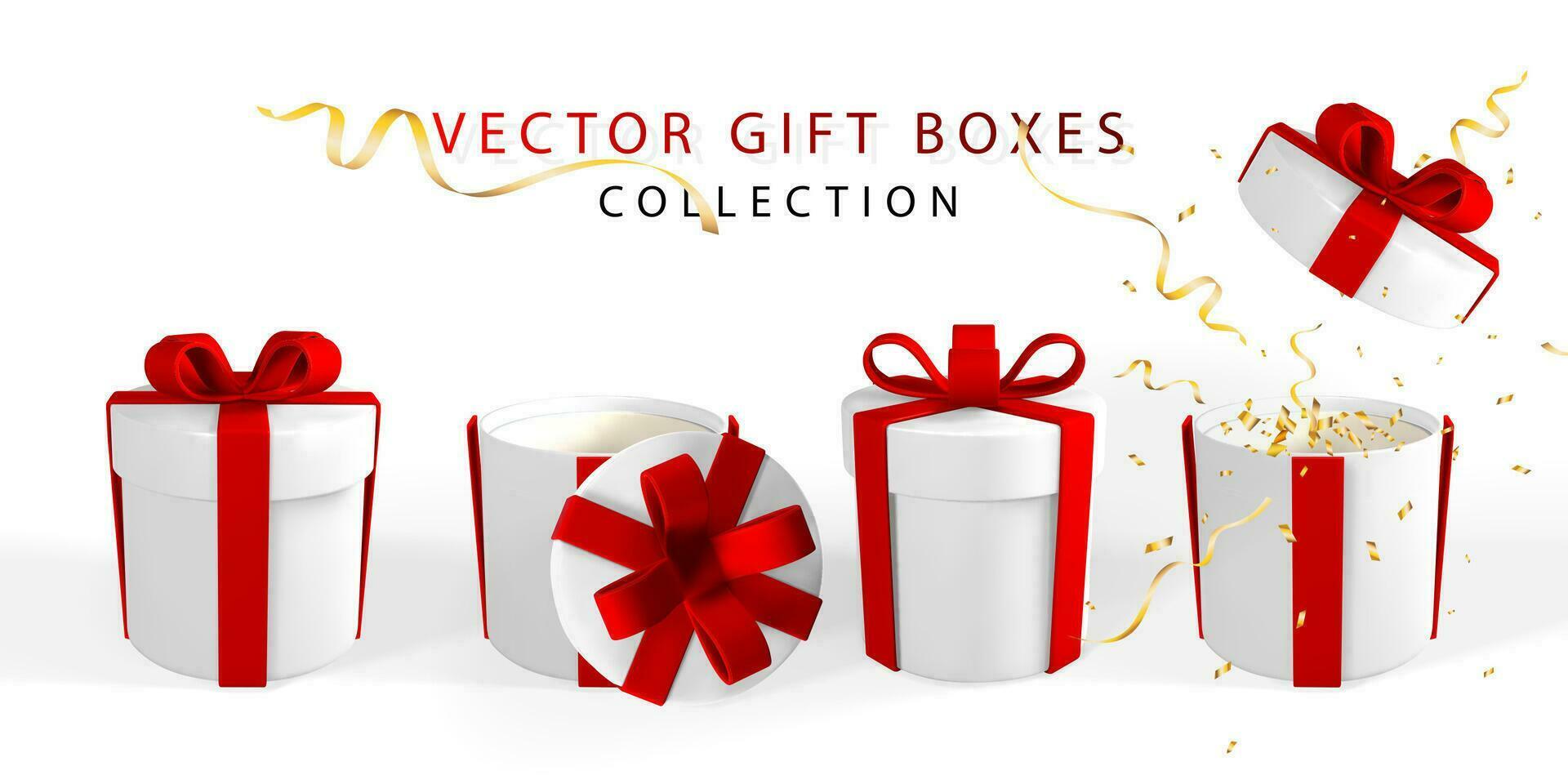 3D render realistic gift box with red bow. Paper box with red ribbon and shadow isolated on white background. Vector illustration