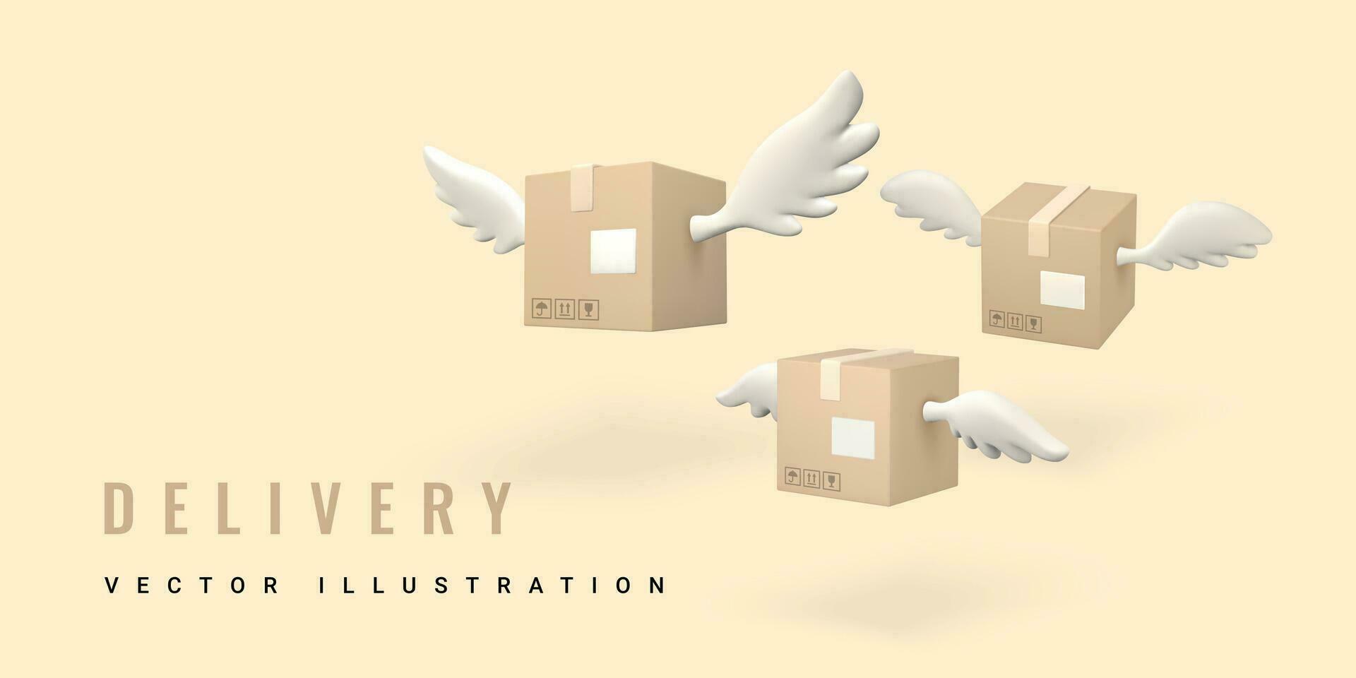 3d flying cardboard box with wings. Carton delivery packaging. Delivery service concept. Vector illustration