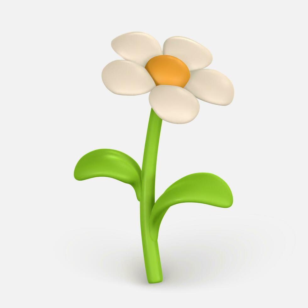 3D Cute colorful daisy flower. Chamomile in cartoon style. Vector illustration