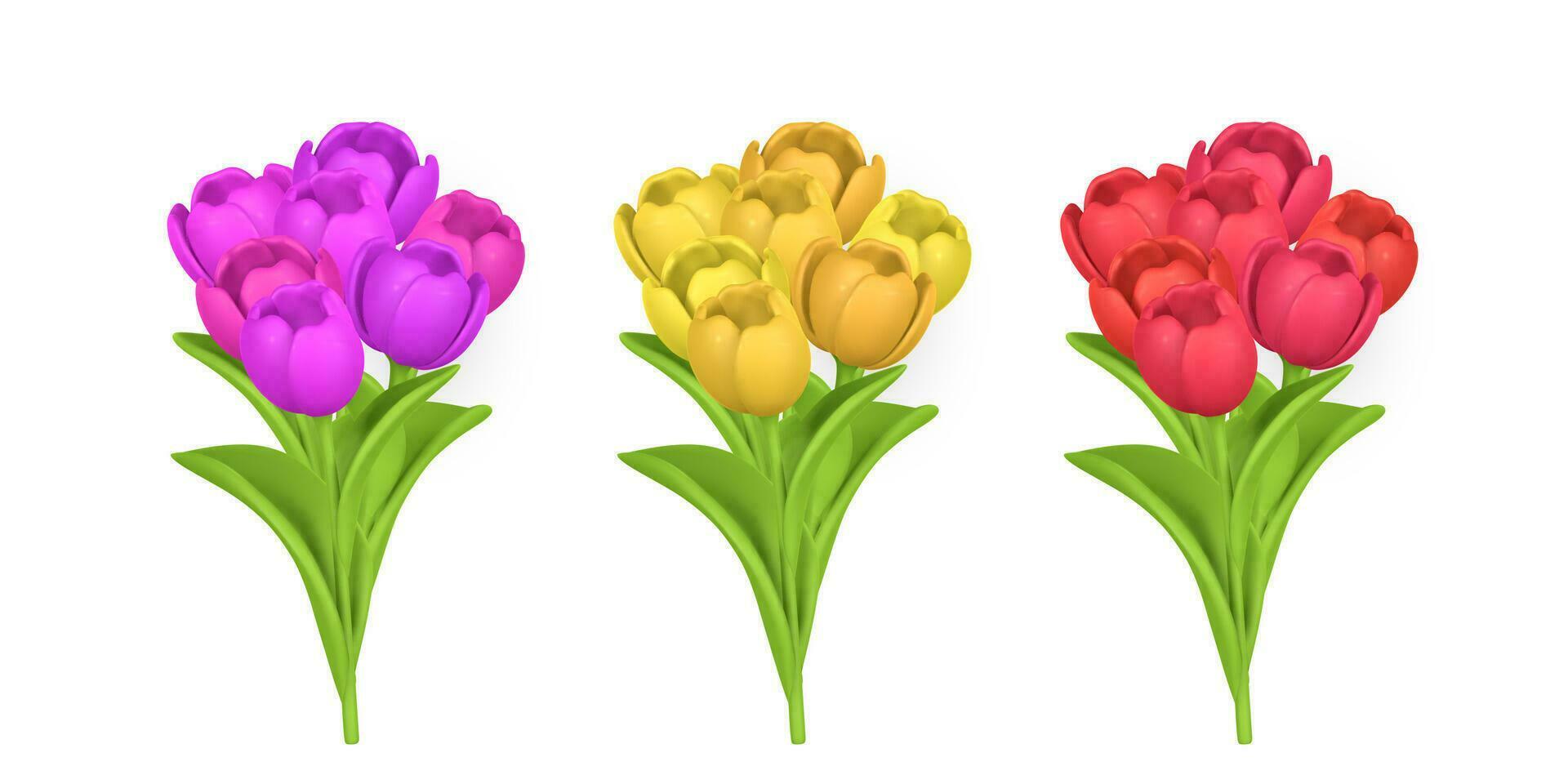 3d linda primavera manojo de tulipanes en dibujos animados estilo. vector ilustración