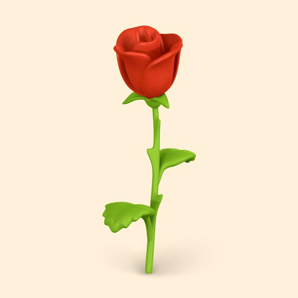 3D flower. Cute red rose in cartoon style for bouquet or decoration. Vector illustration
