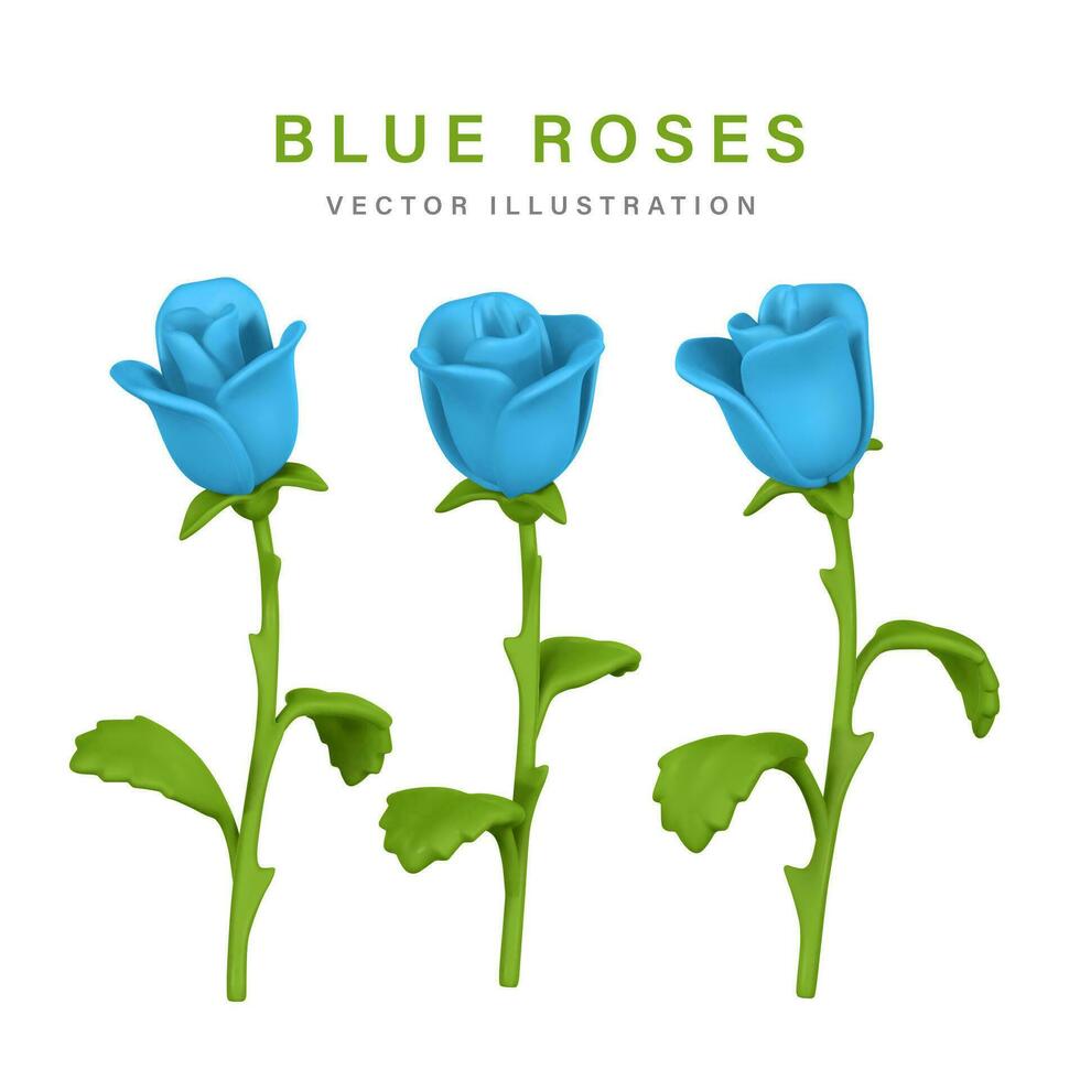 3D flower. Cute blue rose in cartoon style for bouquet or decoration. Vector illustration
