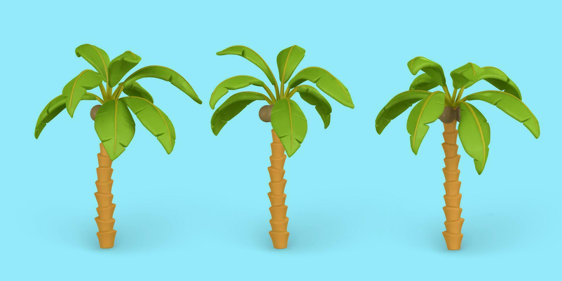 3d linda dibujos animados tropical palma árbol. realista selva árbol en azul antecedentes. Hora de verano objeto. vector ilustración