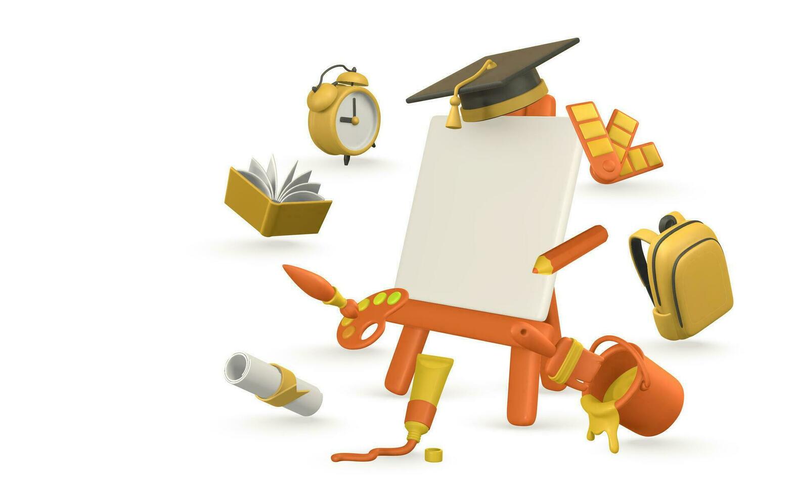 Art school concept. 3d realistic easel, paint tube, brush, roller brash, color palette, pencil, tin of paint, book, alarm clock, graduation cap and diploma in cartoon style. Vector illustration