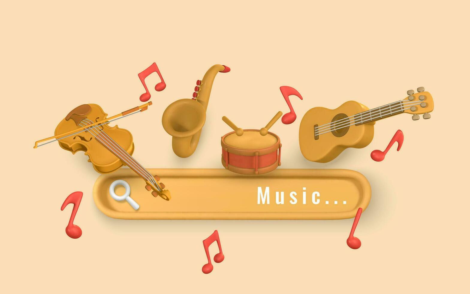 Searching for a music concept with search tab. Violin, saxophone, drum and acoustic guitar in 3d style. Vector illustration