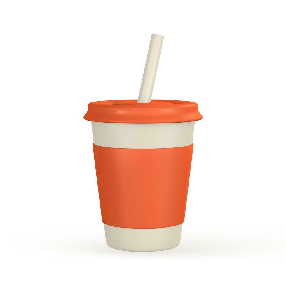 3d realista papel taza con Bebiendo paja. vaso para soda, jugo, café, té en dibujos animados estilo. vector ilustración