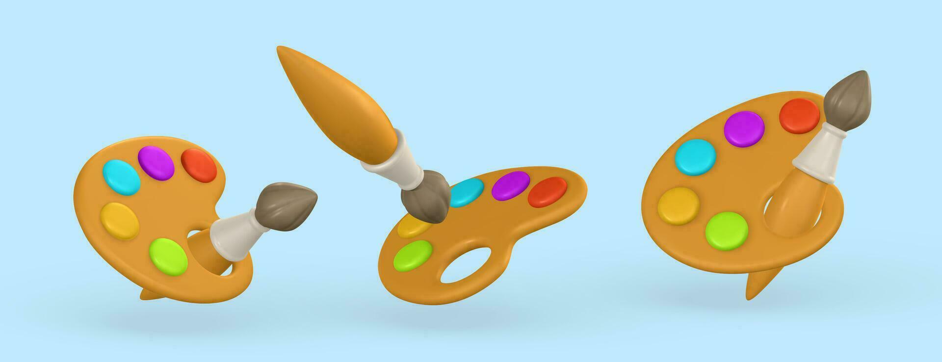 3d realistic palette with paints and brush in cartoon style. Vector illustration