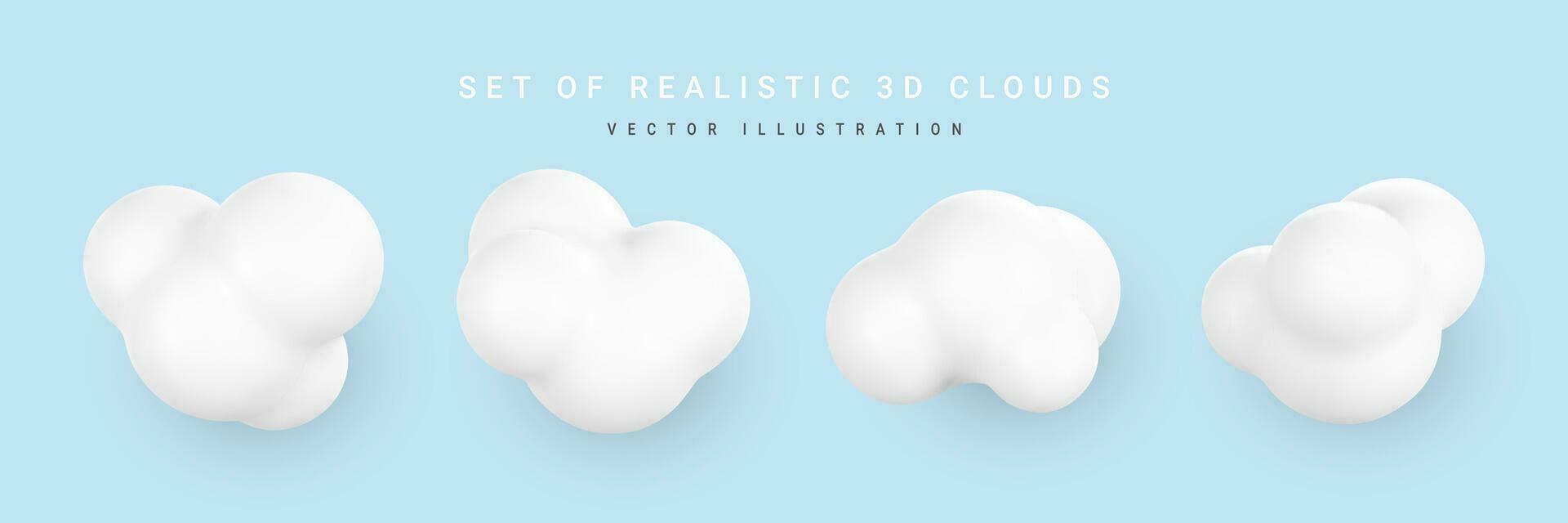 3d plastic clouds. Set of round cartoon fluffy clouds isolated on a blue background. Vector illustration