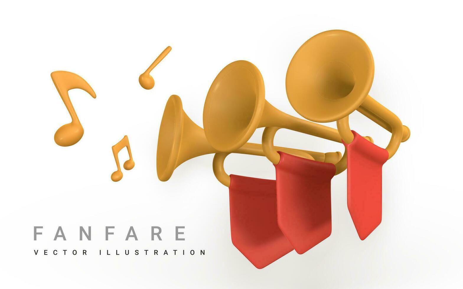 3d realistic fanfare. Music concept design in plastic cartoon style. Vector illustration