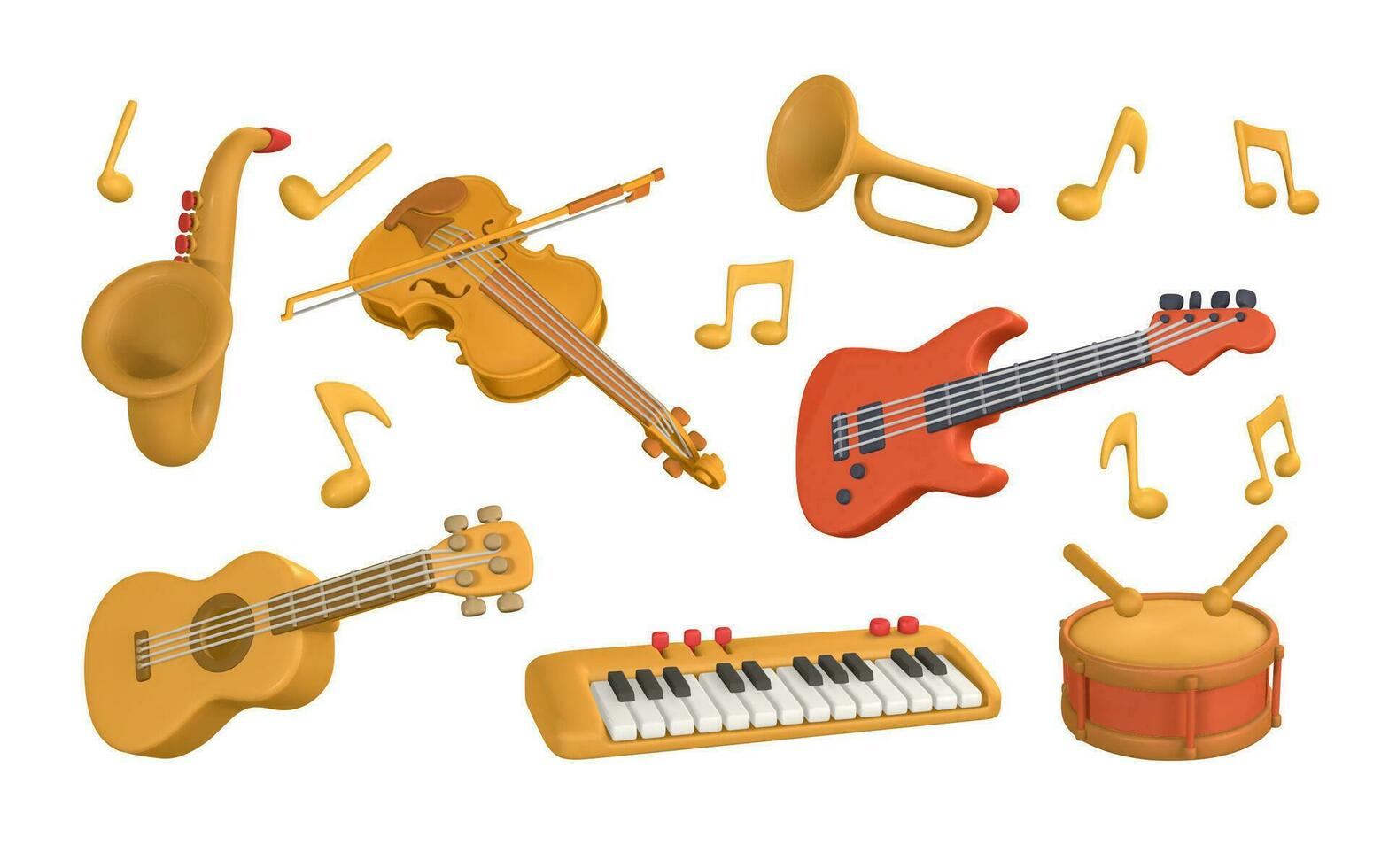 3d realista trompeta, saxofón, violín, eléctrico y acústico guitarra, tambor, sintetizador para música concepto diseño en el plastico dibujos animados estilo. vector ilustración
