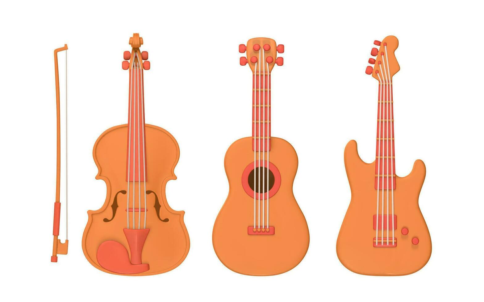 3d realista violín, eléctrico y acústico guitarra para música concepto diseño en el plastico dibujos animados estilo. vector ilustración