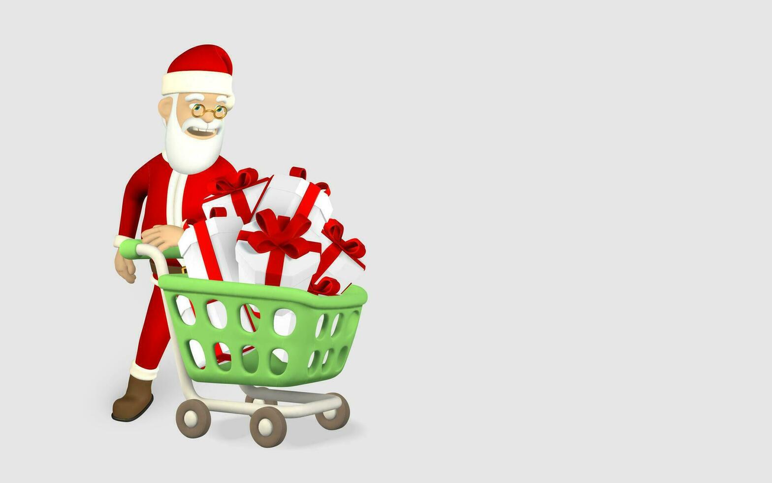 3d green shopping cart with gift boxes and Santa Claus on a gray background. Shopping concept. Vector illustration