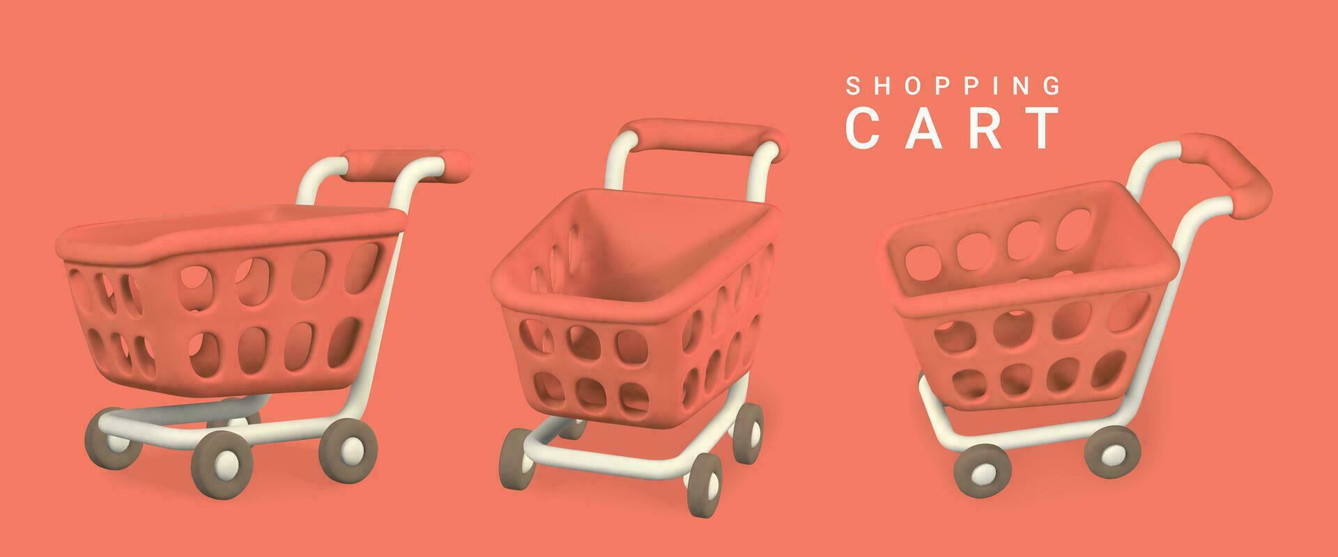 3d empty red shopping carts on a red background. Shopping concept. Vector illustration