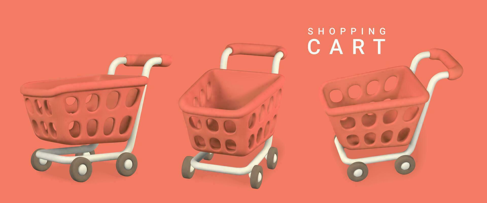 3d vacío rojo compras carros en un rojo antecedentes. compras concepto. vector ilustración