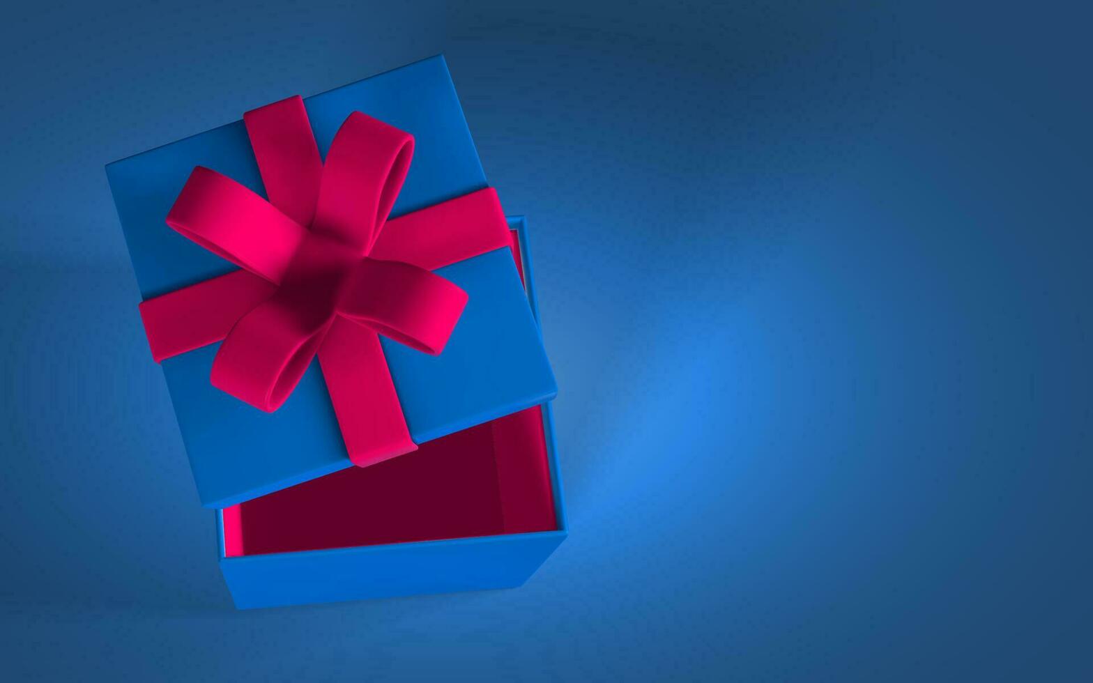 3D render realistic gift box with bow top view. Paper rec box with ribbon and shadow on blue background. Vector illustration