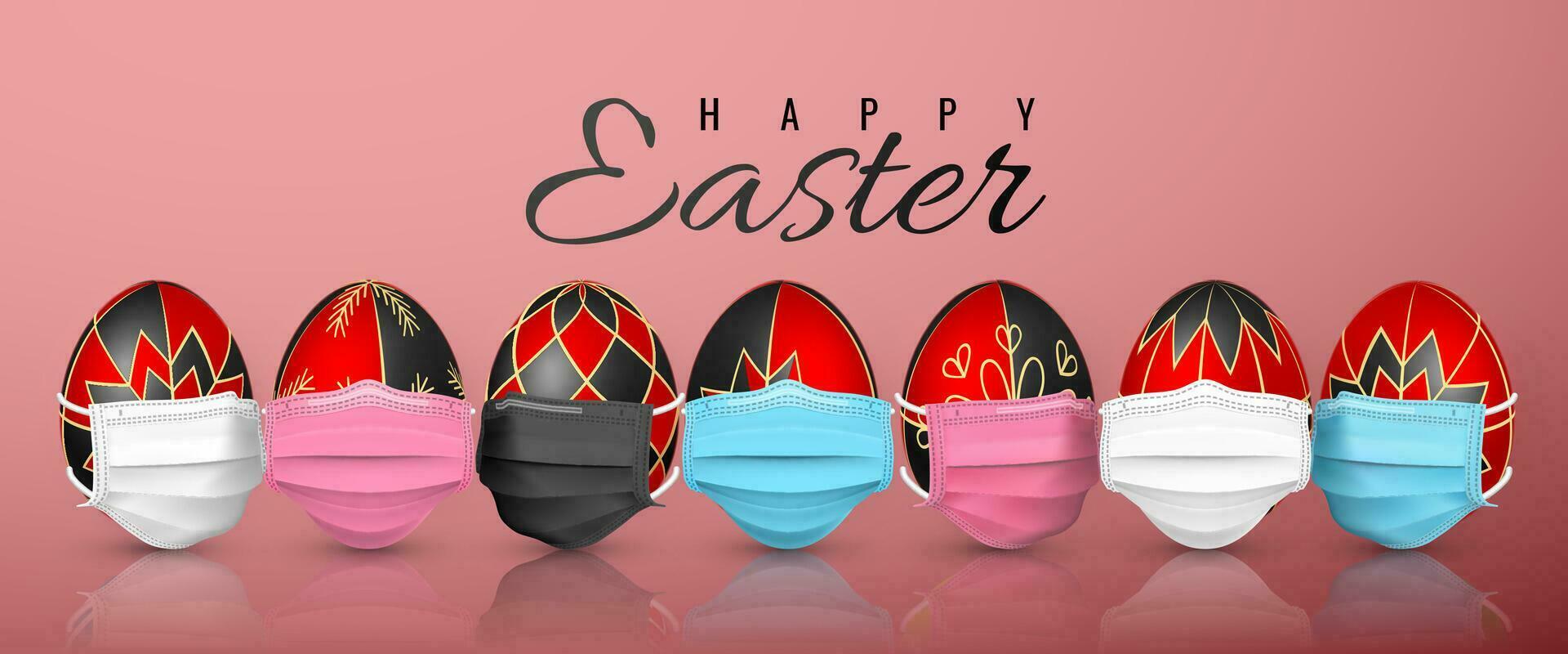 contento Pascua de Resurrección. color Pascua de Resurrección huevo en médico cara máscara en blanco antecedentes. vector ilustración