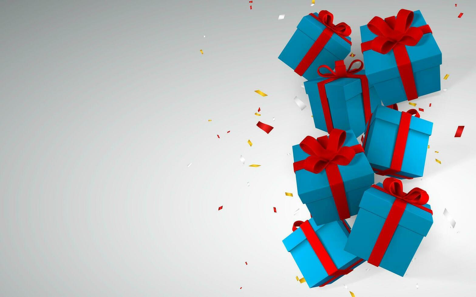 3D realistic paper blue gift boxes with red ribbon and bow. Paper boxes falling with confetti on white background. Vector illustration