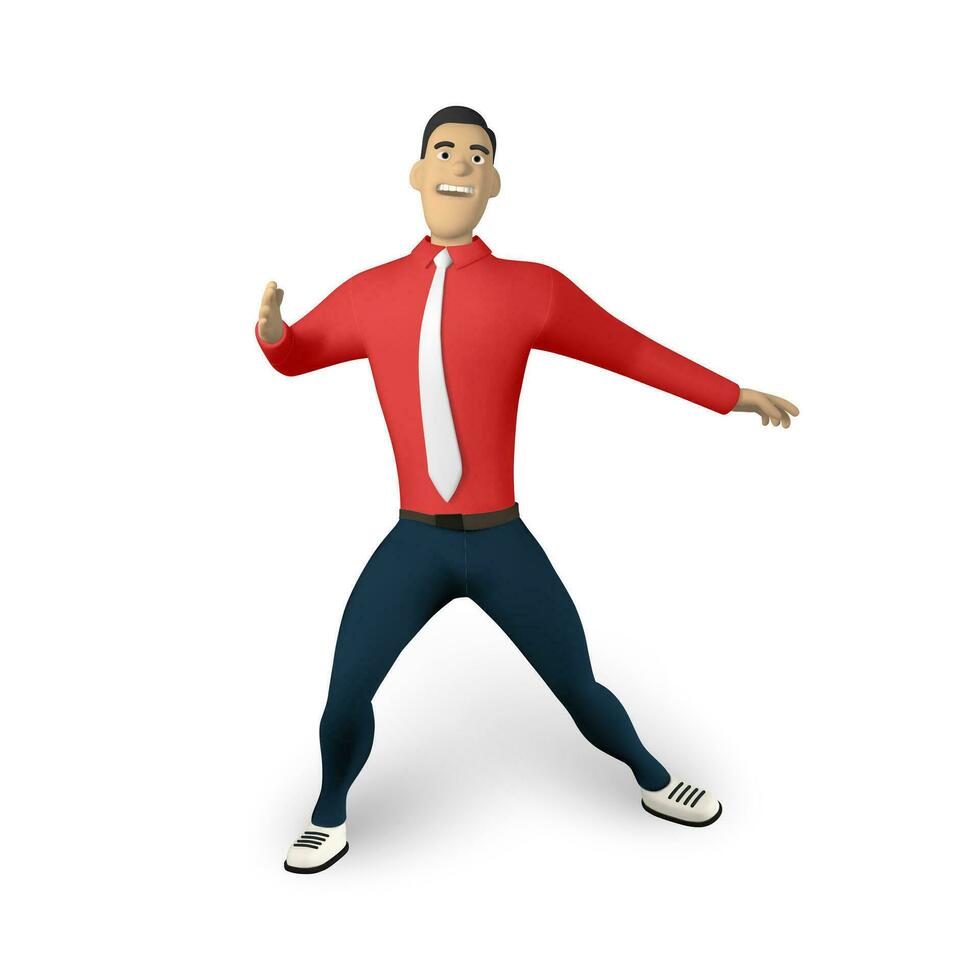 empresario personaje en 3d dibujos animados escalera para pasar una cerca. hombre en rojo camisa con atar. joven chico, gesticulando vector ilustración