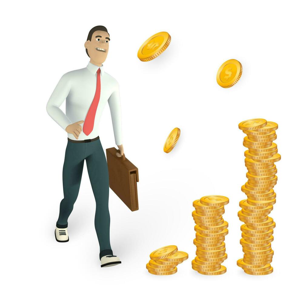 Businessman character in 3D cartoon stile. Man in white shirt with money staircase. Vector illustration