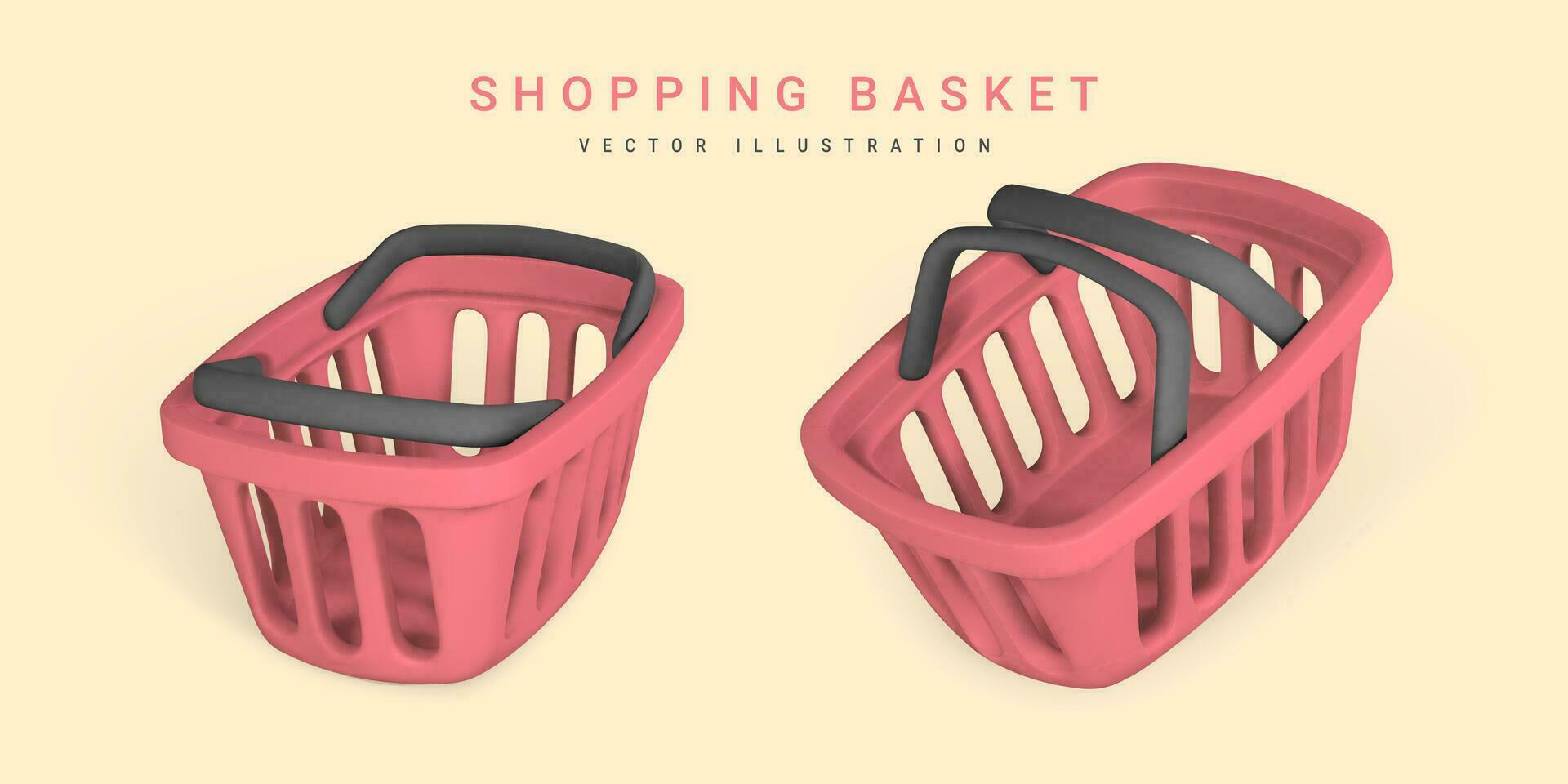 3d empty red shopping basket. Shopping concept. Vector illustration