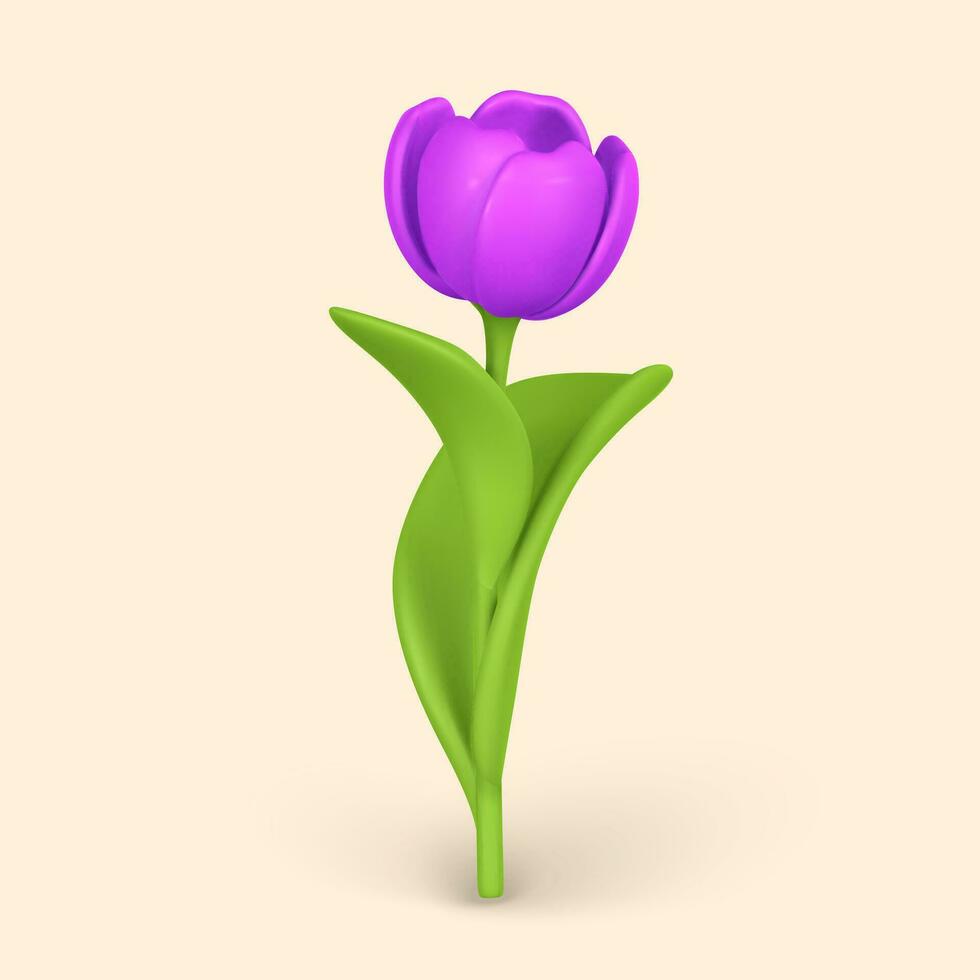 3D Cute colorful spring flower tulip in cartoon style for bouquet or decoration. Vector illustration