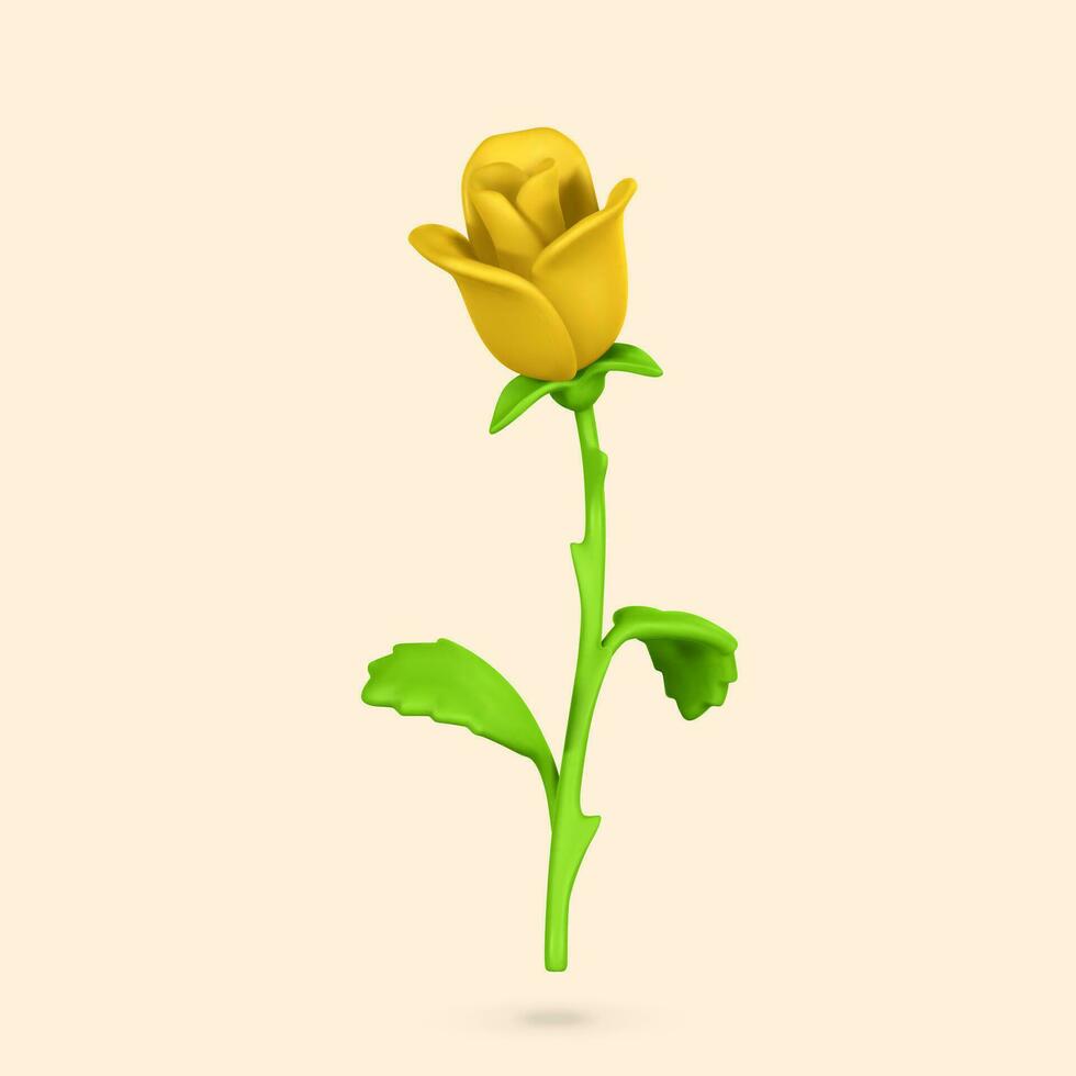 3D flower. Cute yellow rose in cartoon style for bouquet or decoration. Vector illustration