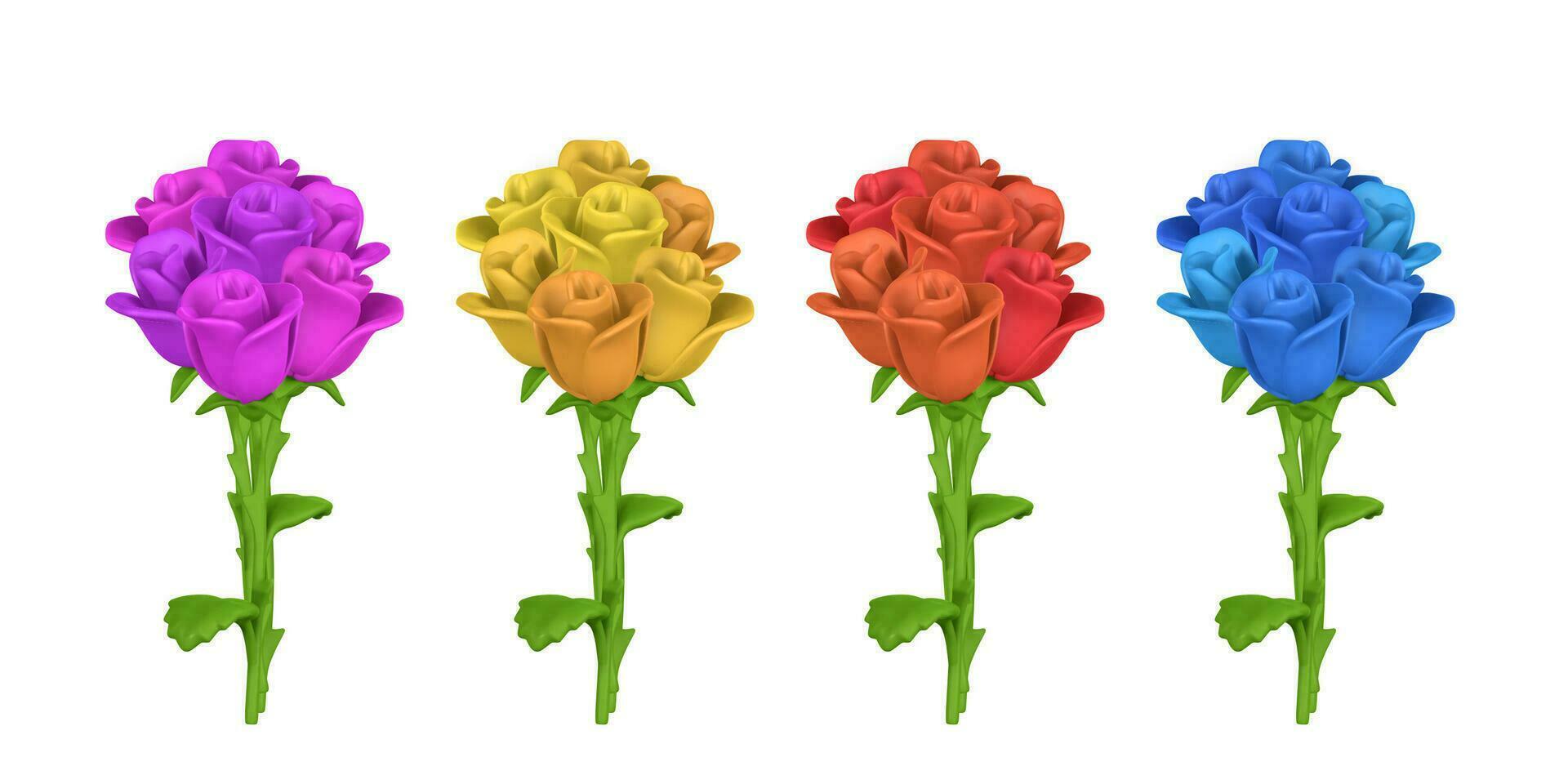 3d flor. linda ramo de flores de rosas en dibujos animados estilo. vector ilustración