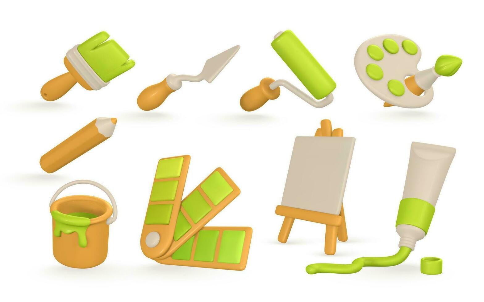 3d realistic tools for paint. Easel, paint tube, brush, roller brash, palette knife, color palette, pencil and tin of paint in cartoon style. Vector illustration