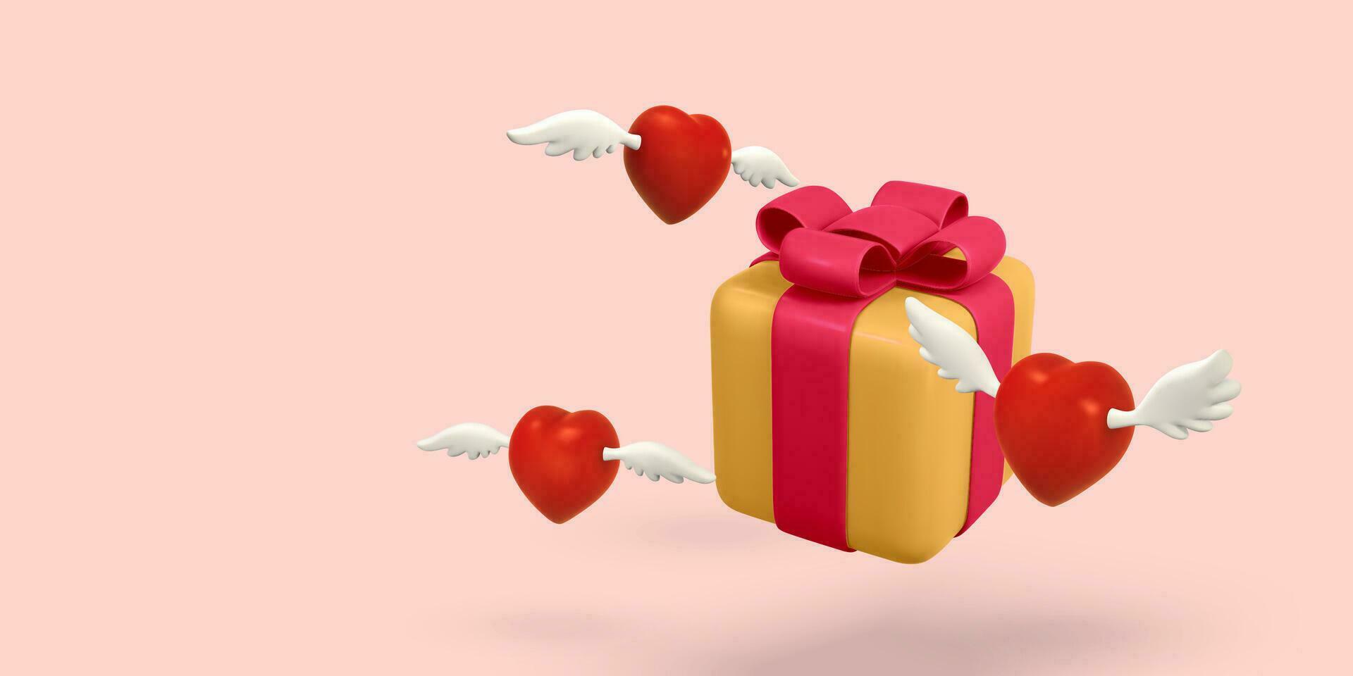 3d flying hearts with wings and gift box on a light red background. Valentine's Day design. Vector illustration