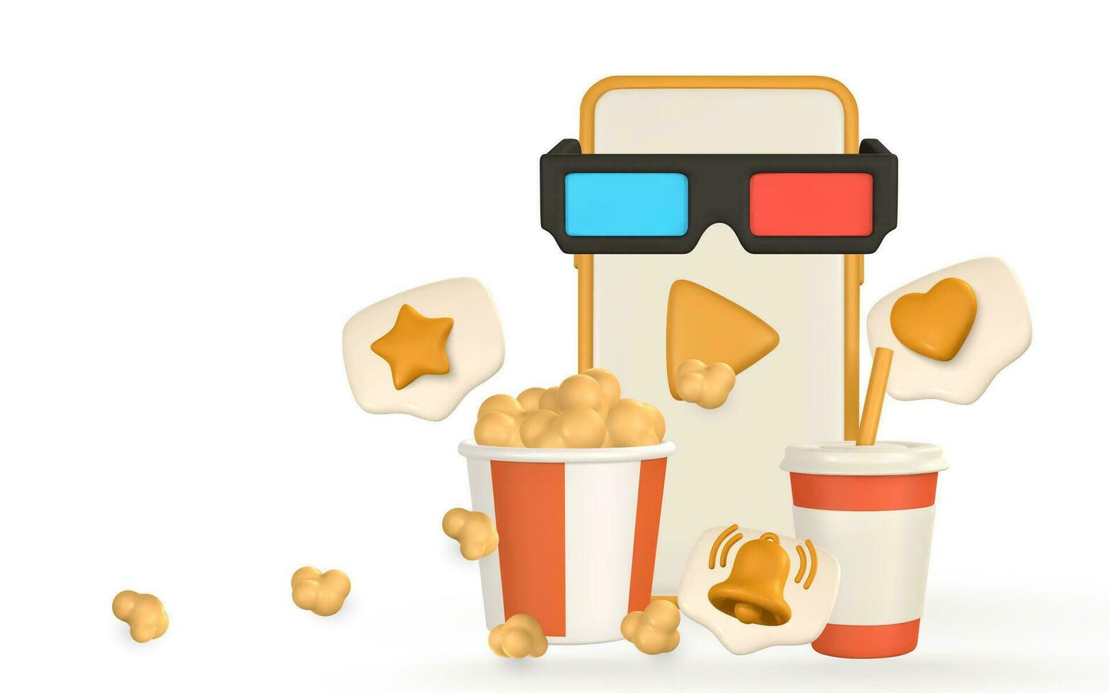 Movie time poster. Banner with phone, bucket of popcorn, armchair, 3d glasses and paper cup. Vector illustration