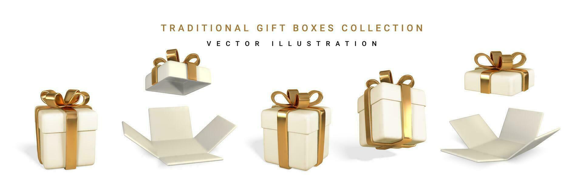 Set of five 3D render and draw by mesh realistic gift box with bow. Paper box with shadow isolated on white background. Vector illustration