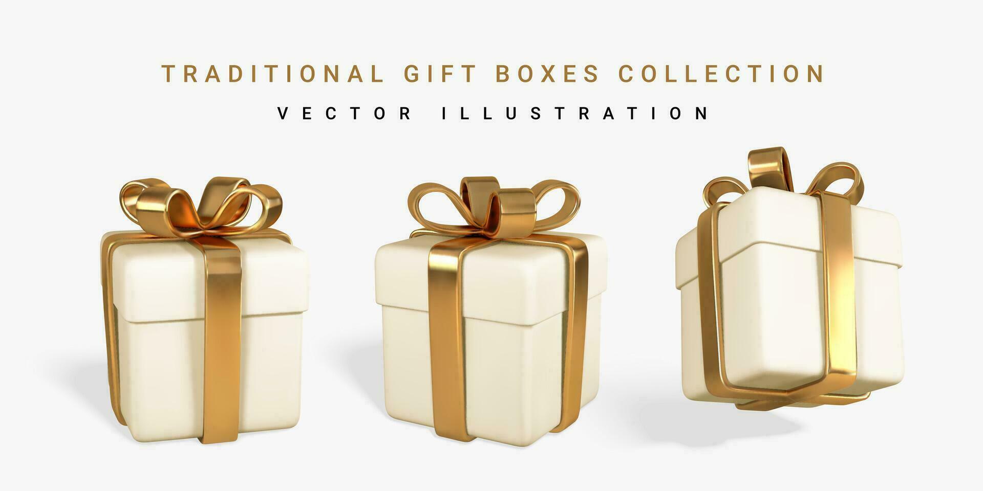 Set of realistic gift boxes with golden bow isolated on white background. Vector illustration