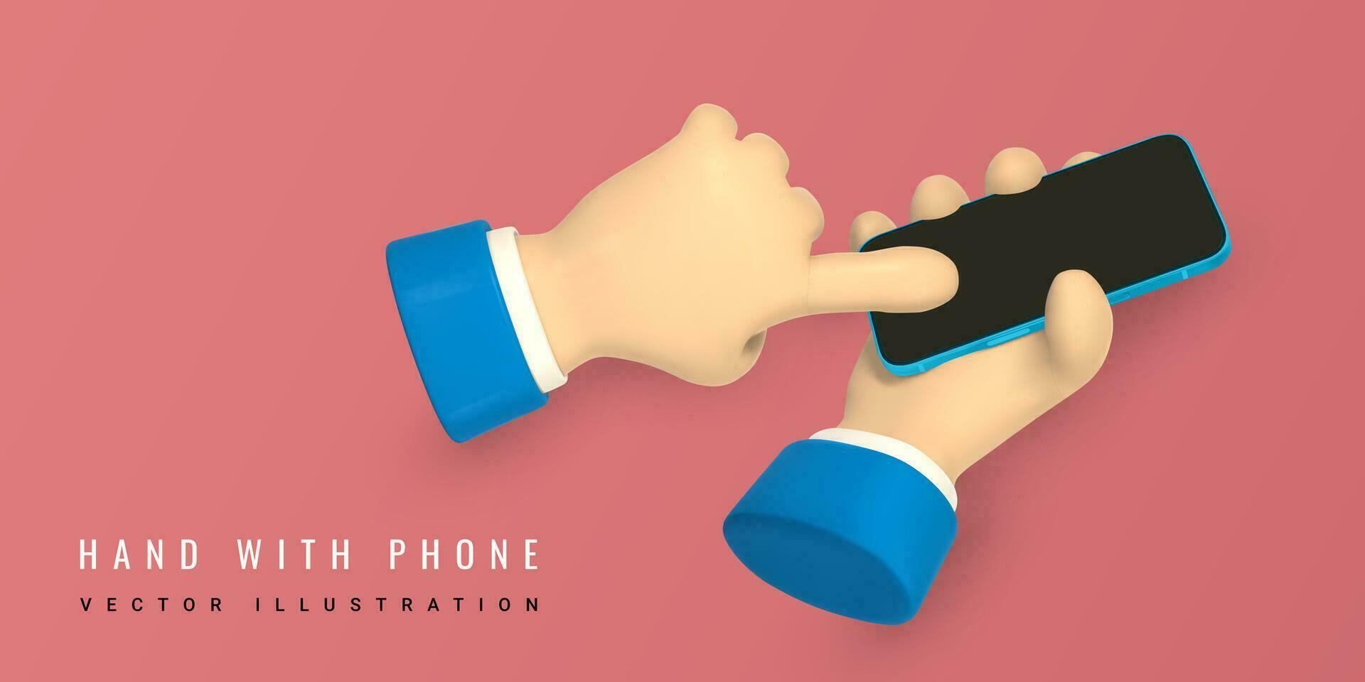 dibujos animados personaje manos con inteligente teléfono, desplazamiento o buscando para algo. 3d hacer mano empresario en traje. vector ilustración