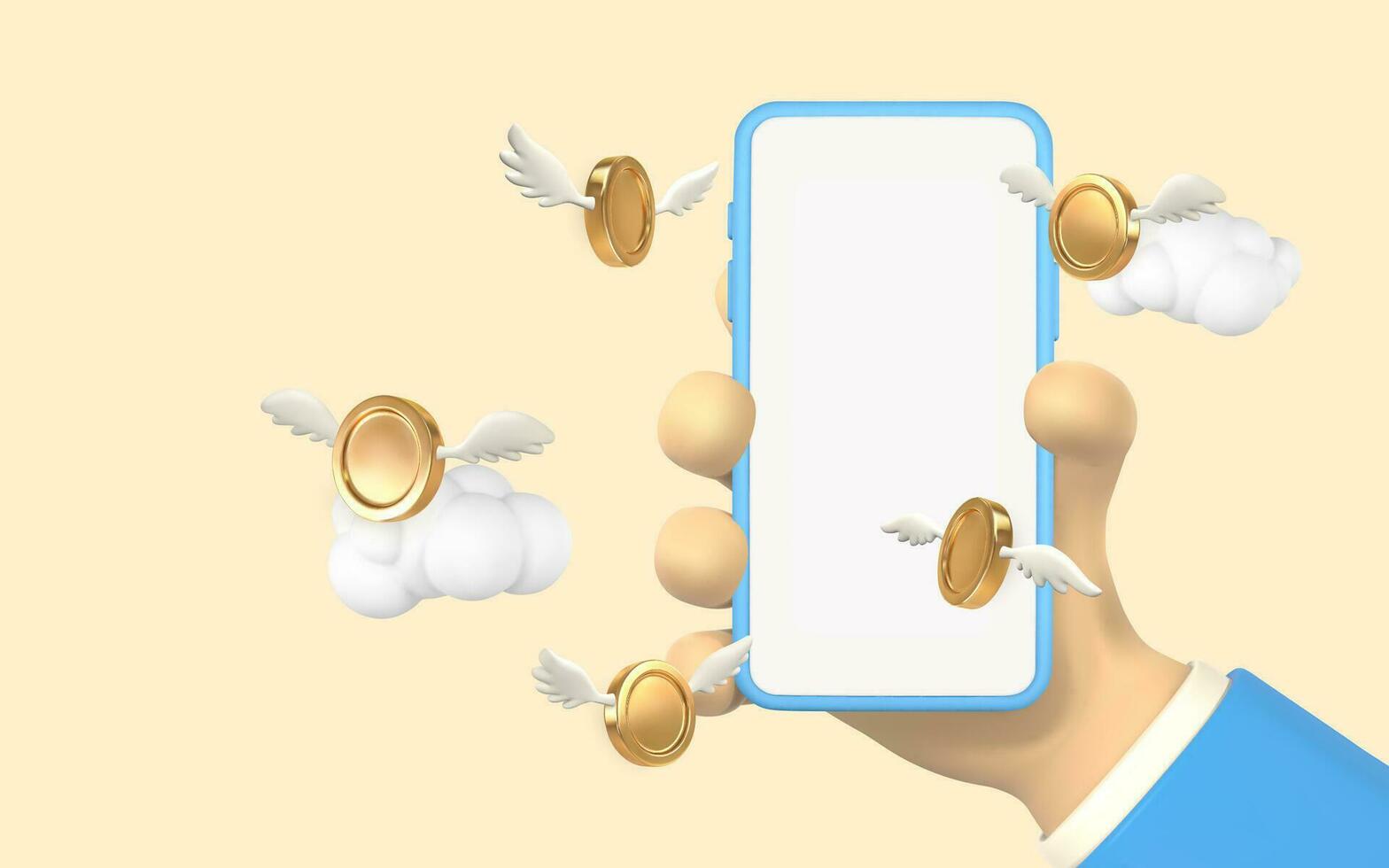 Cartoon character hand with smart phone and flying gold coins with wings. Vector illustration