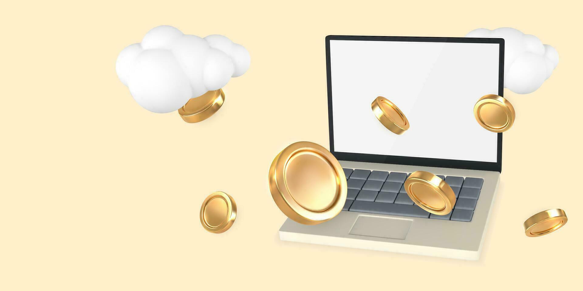 Receiving income using modern laptop. 3d realistic laptop with gold coins and clouds. Vector illustration