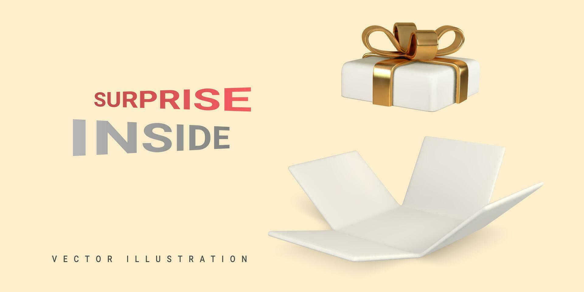 3D render and draw by mesh realistic white Gift Box on light yellow background. Surprise inside. Vector illustration