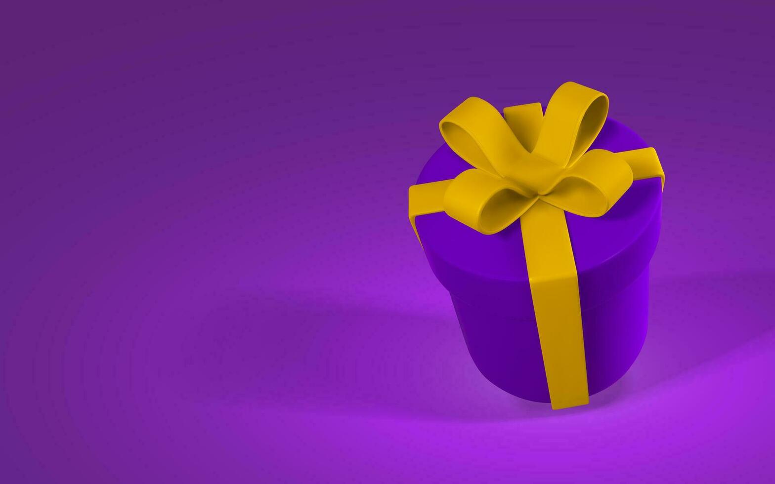 3D realistic purple gift box with yellow bow and ribbon. Paper box with shadow isolated on purple background. Vector illustration